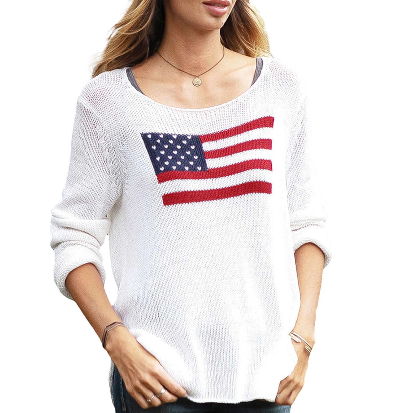 American Flag Print - Women's Loose Fit Sweater
