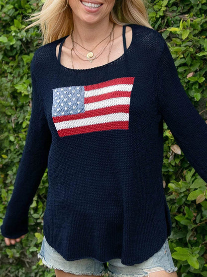 American Flag Print - Women's Loose Fit Sweater