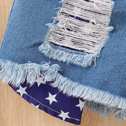 American Flag Print Girls Top & Denim Shorts