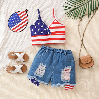American Flag Print Girls Top & Denim Shorts
