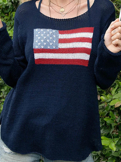 American Flag Print - Women's Loose Fit Sweater