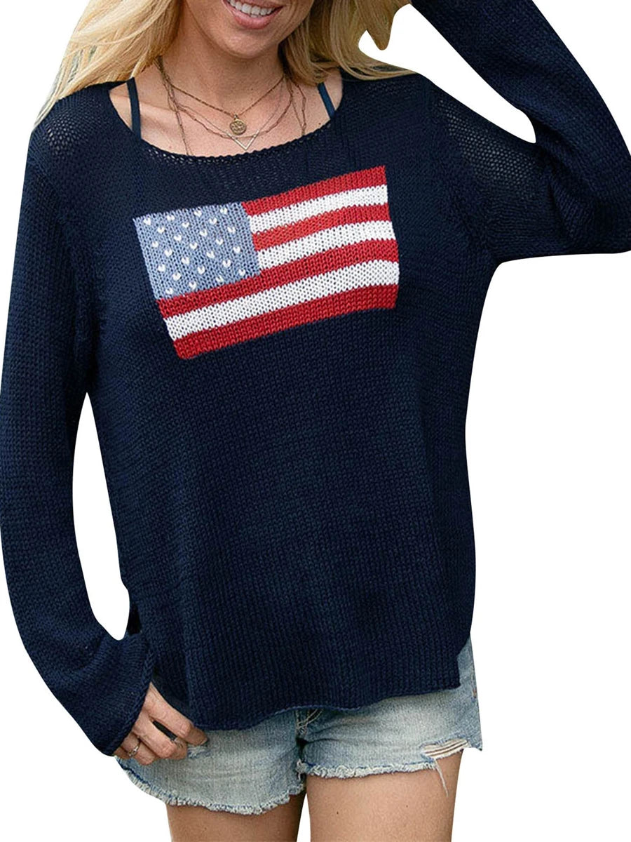 American Flag Print - Women's Loose Fit Sweater