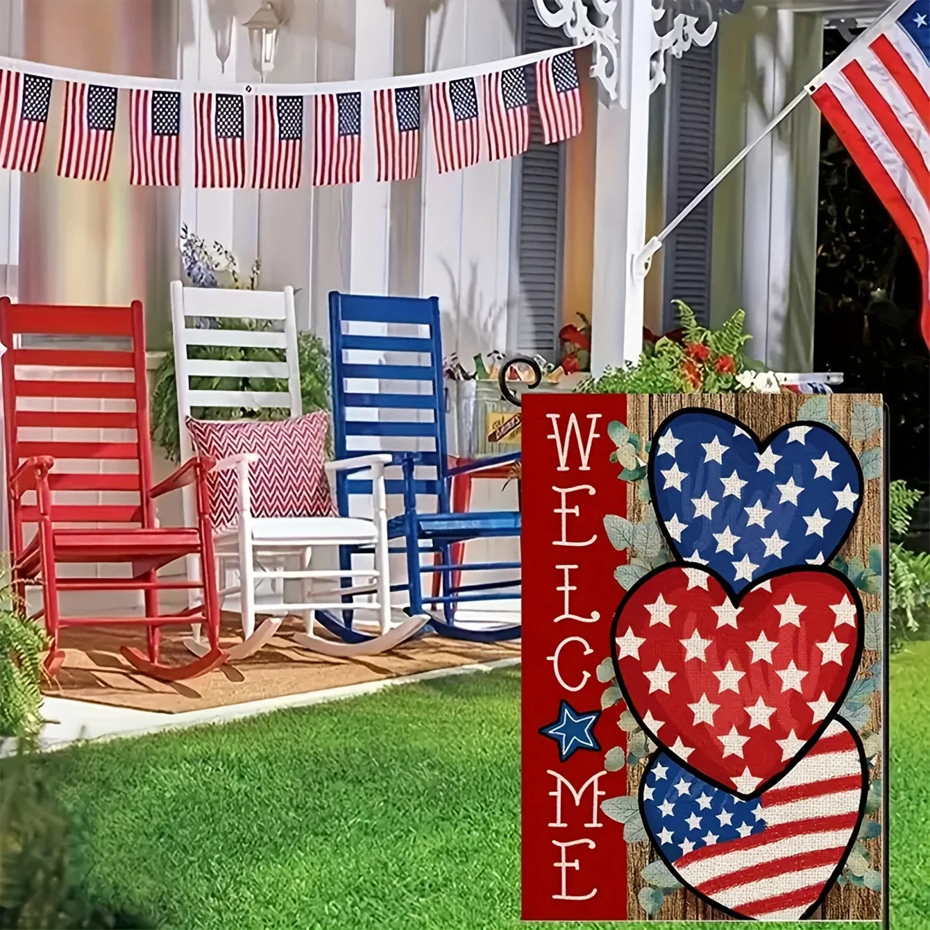 Welcome America Banner - Double-Sided Hearts & Stars