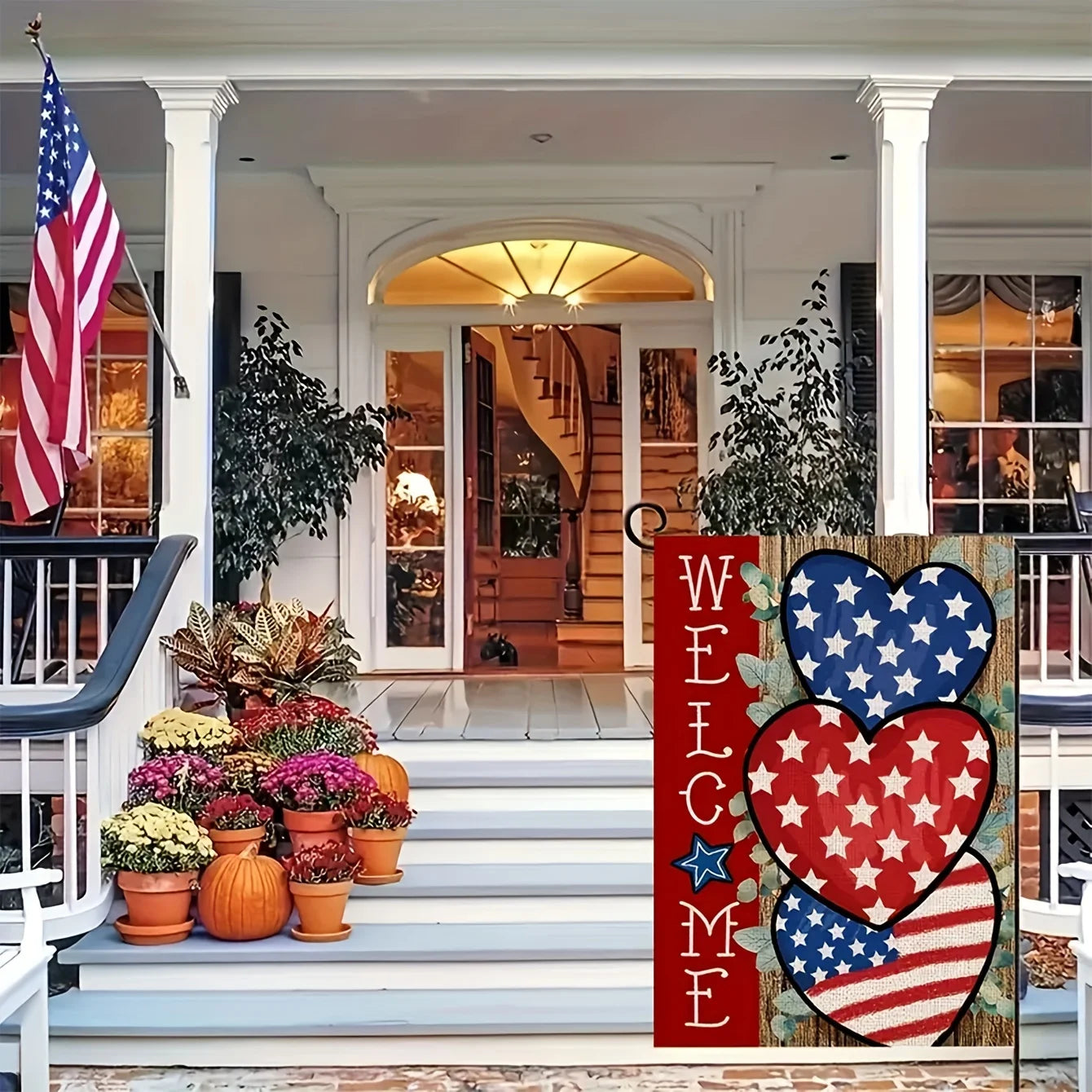 Welcome America Banner - Double-Sided Hearts & Stars