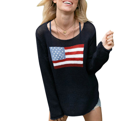 American Flag Print - Women's Loose Fit Sweater
