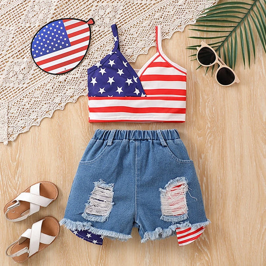 American Flag Print Girls Top & Denim Shorts