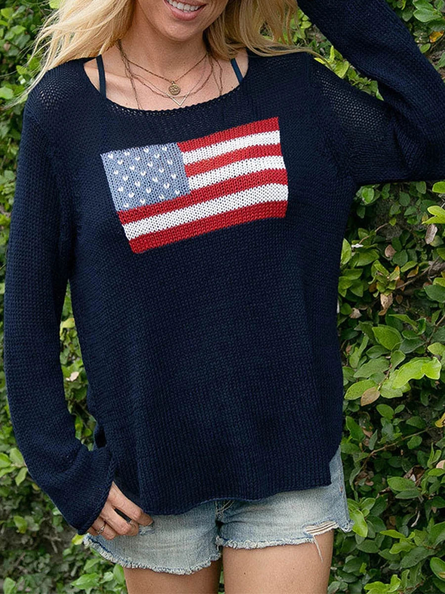 American Flag Print - Women's Loose Fit Sweater