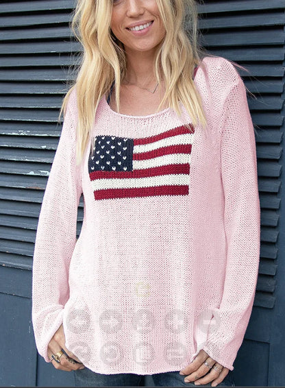 American Flag Print - Women's Loose Fit Sweater