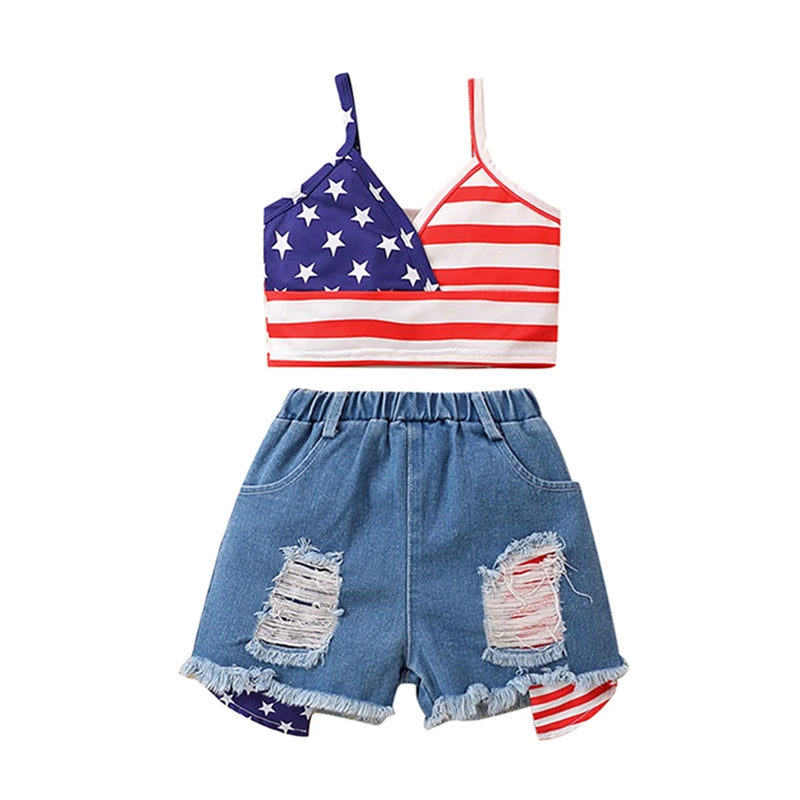 American Flag Print Girls Top & Denim Shorts