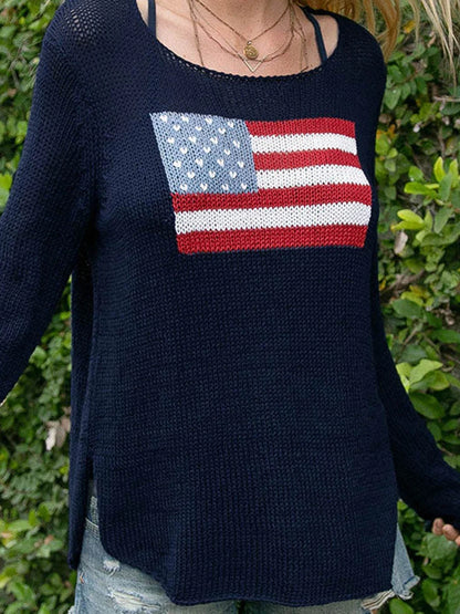 American Flag Print - Women's Loose Fit Sweater